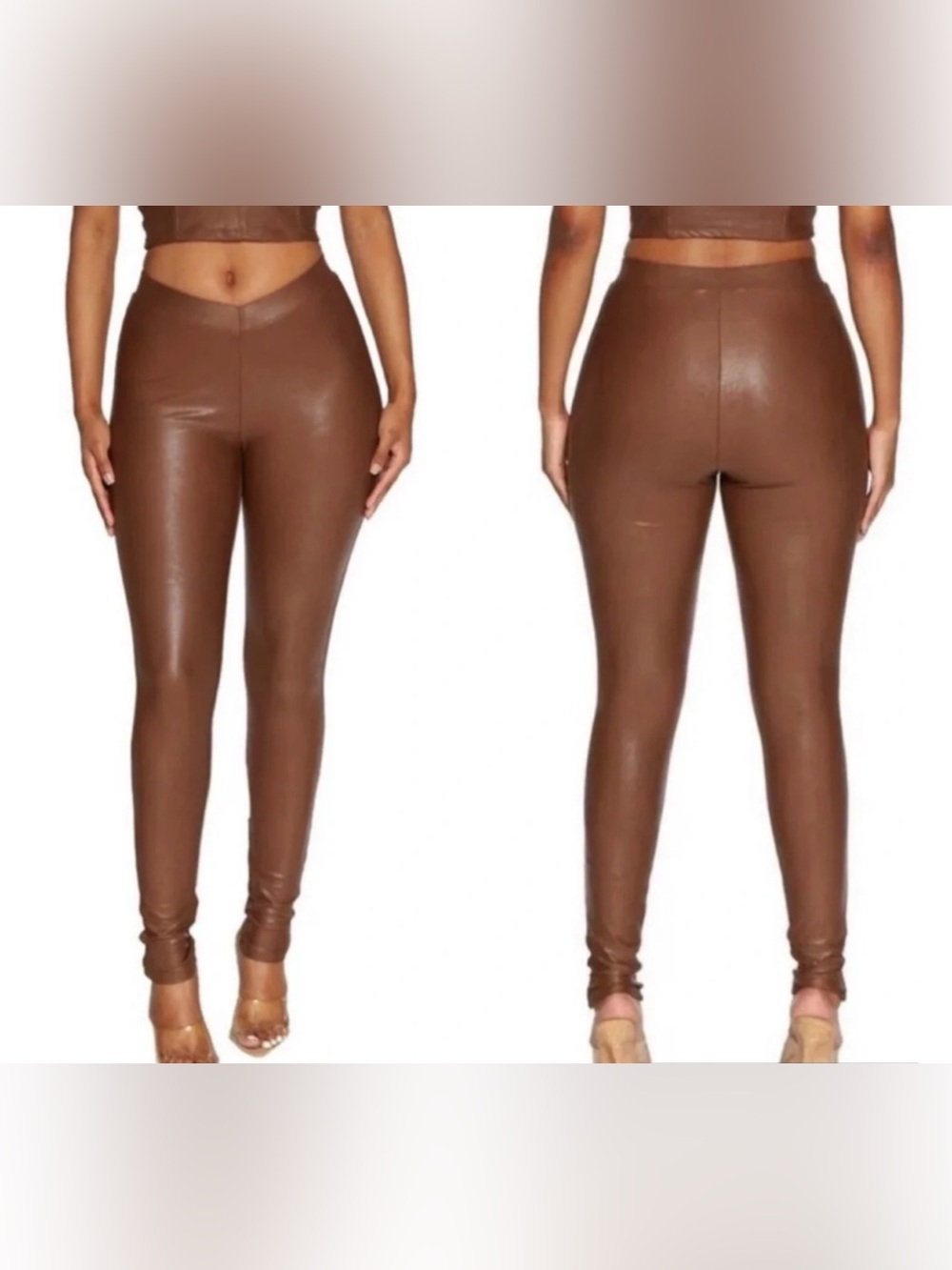 Naked Wardrobe Faux Leather "V-Cut" High-Waisted Leggings Size S Brown